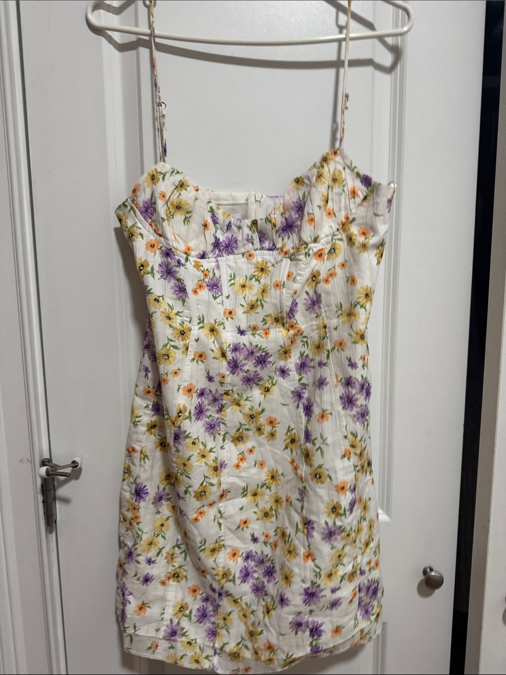 Zara White Floral Spaghetti-Strap Dress with Purple & Yellow Flowers
